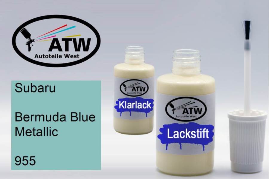 Subaru, Bermuda Blue Metallic, 955: 20ml Lackstift + 20ml Klarlack - Set, von ATW Autoteile West.